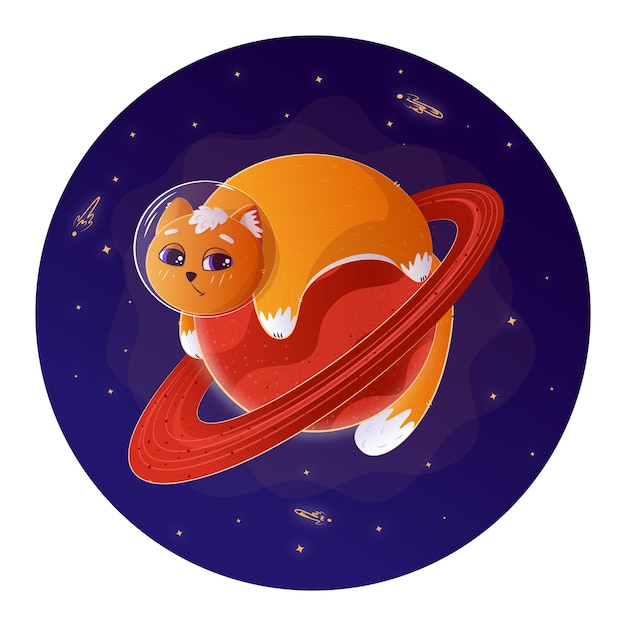 gato mascota y planetas, estrellas, luna, lindo gato astronauta, día de la cosmonáutica, espacio