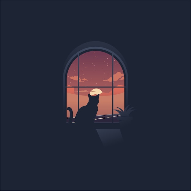 Gato mirando el atardecer a través de un logo de ventana