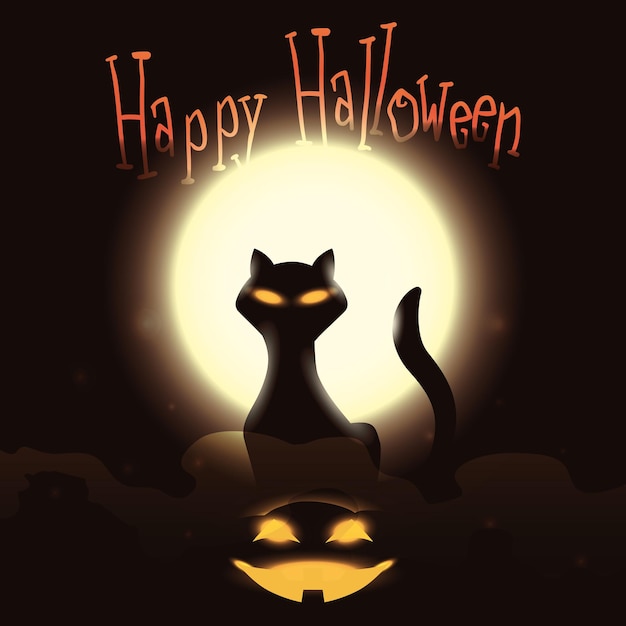 Vector gato místico con calabaza brillante sobre fondo de luna llena brillante