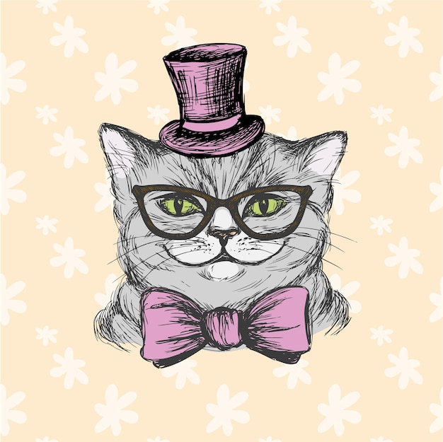 Gato de moda con sombrero, gafas y pajarita, dibujo a mano, ilustración vectorial