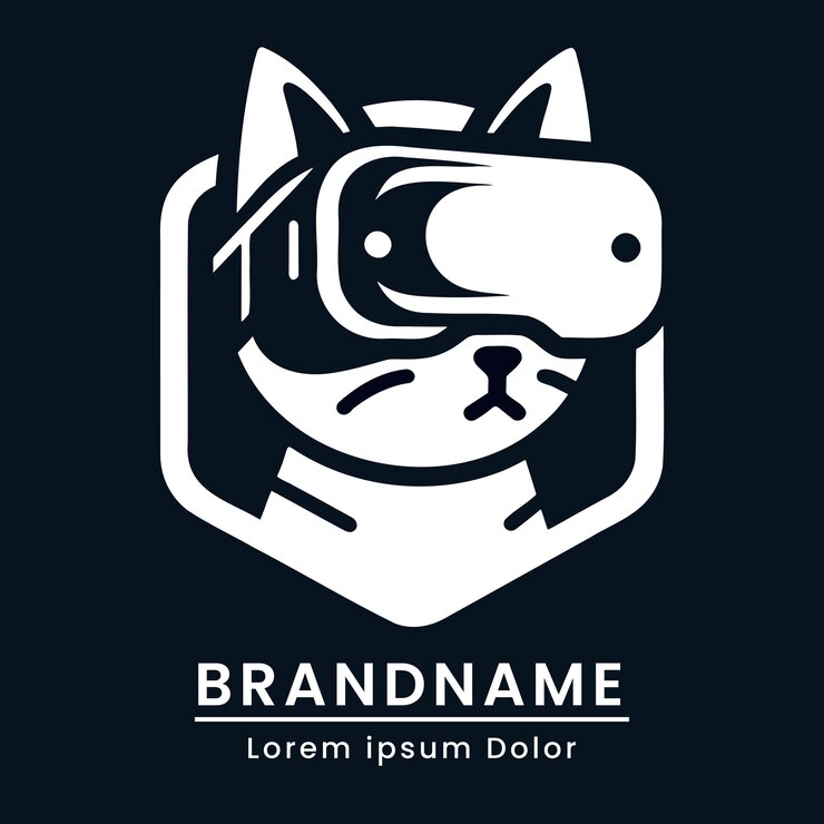 Vector gato moderno con gafas de realidad virtual logotipo innovador marca de mascotas ilustración digital elegante