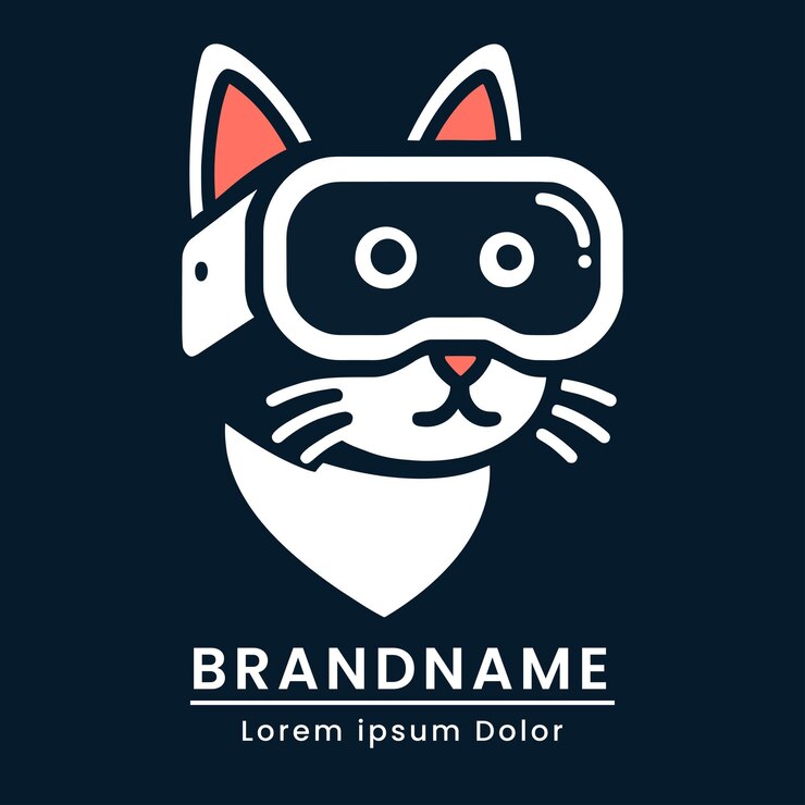Vector gato moderno con gafas vr marca de mascotas digitales logotipo de tecnología elegante para marcas innovadoras