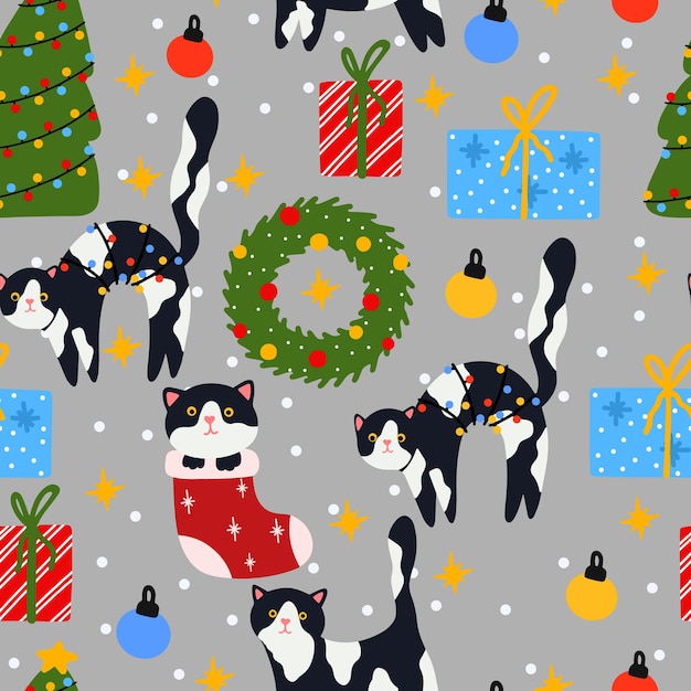 Gato de Navidad gracioso Patrón sin costuras Gatos lindos con guirnaldas Caja de regalo de árbol de Navidad
