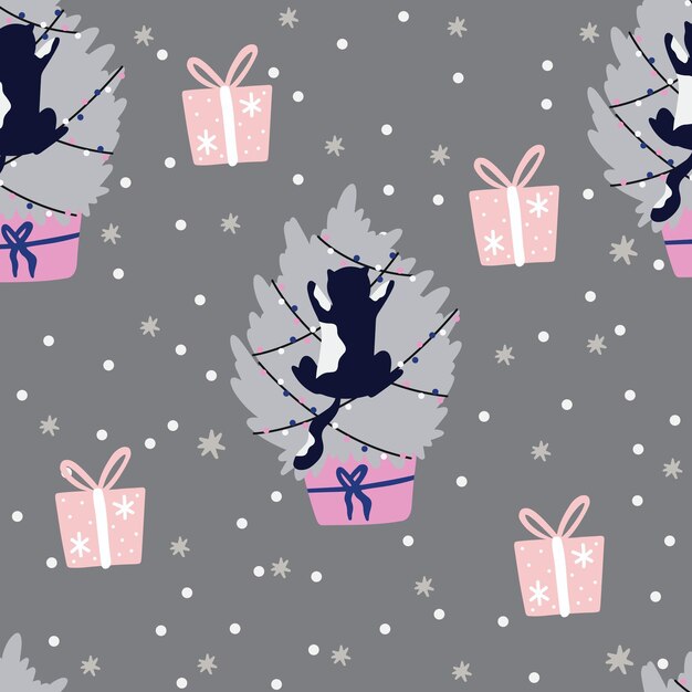 Vector gato de navidad gracioso patrón sin costuras gatos lindos con guirnaldas caja de regalo de árbol de navidad