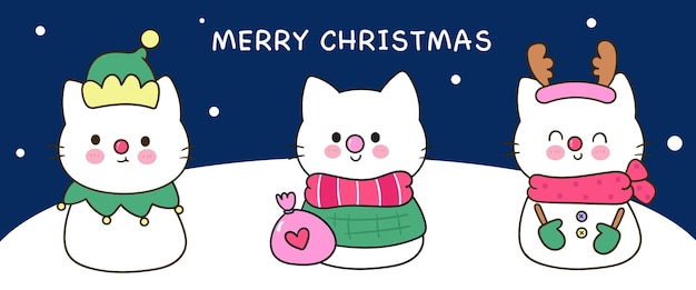 Vector gato navidad hombre de nieve bandera kawaii gatito feliz año nuevo