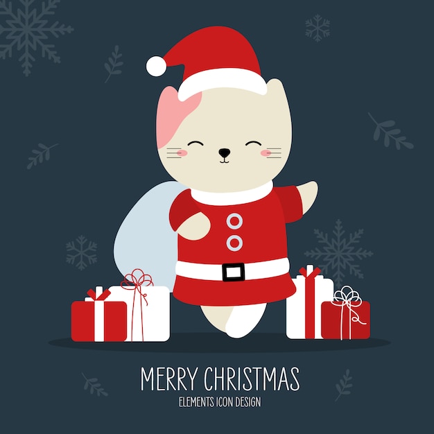 Vector gato de navidad con regalo estilo animal dibujado a mano.