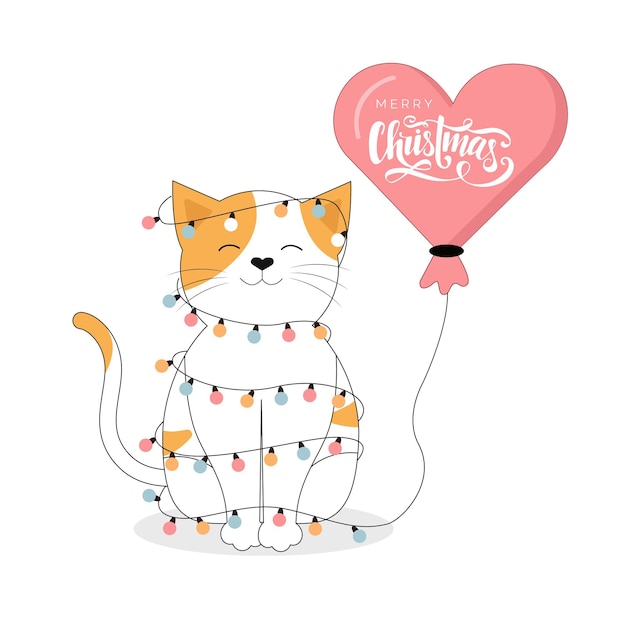 Vector gato navideño con globo de saludo y guirnalda aislado en blanco