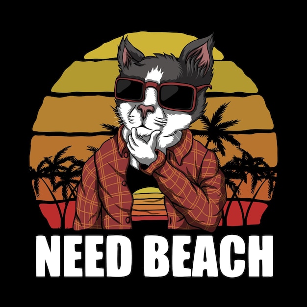 Vector gato necesita playa puesta de sol retro ilustración