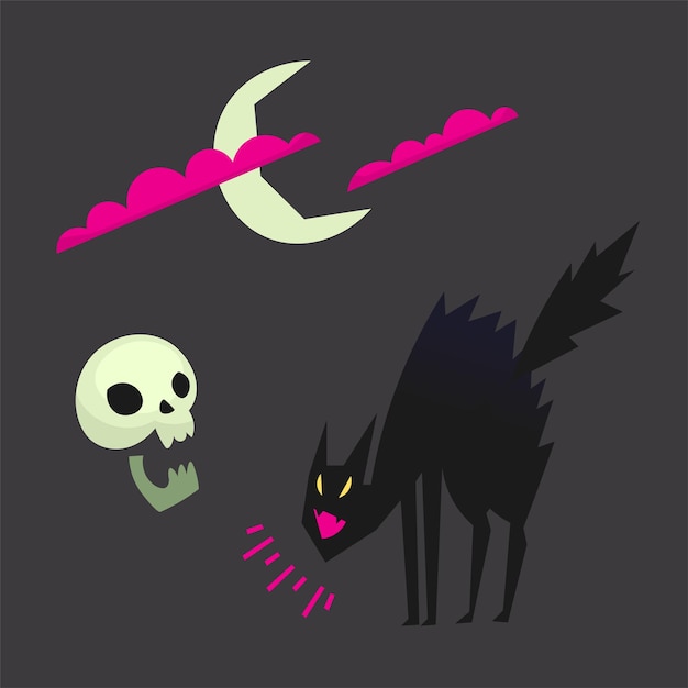 Gato negro asustado gritando y arqueando el cráneo y la luna escondidos detrás de las nubes diseño de iconos vectoriales