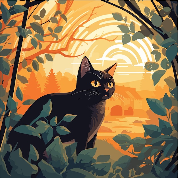 Vector un gato negro en un bosque durante la puesta de sol