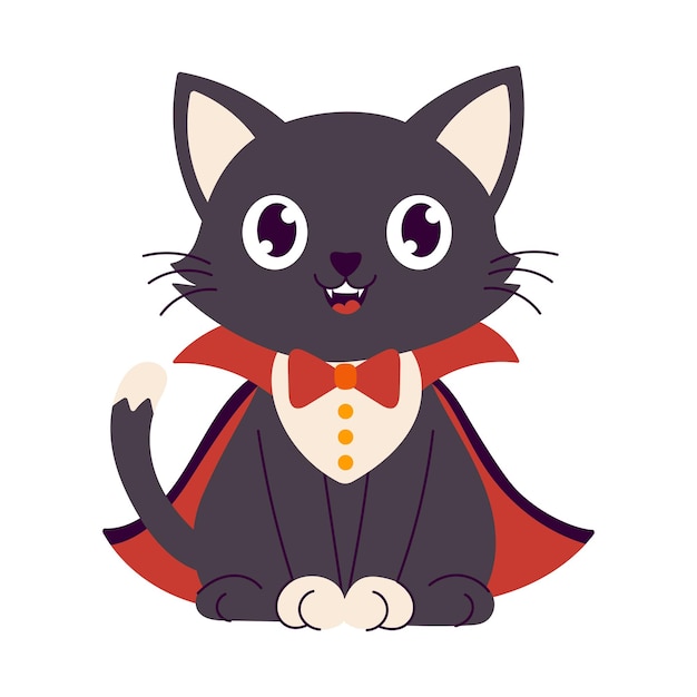 Un gato negro con una capa roja y una corbata roja