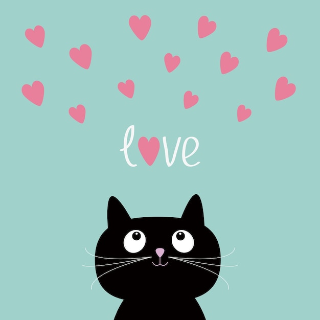 Un gato negro con corazones rosados y un gato negro con las palabras amor en él Corazones rosadas y dibujos animados lindos