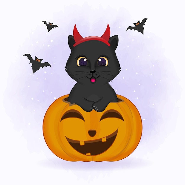 Gato negro con dibujos animados de calabaza animal ilustración de Halloween