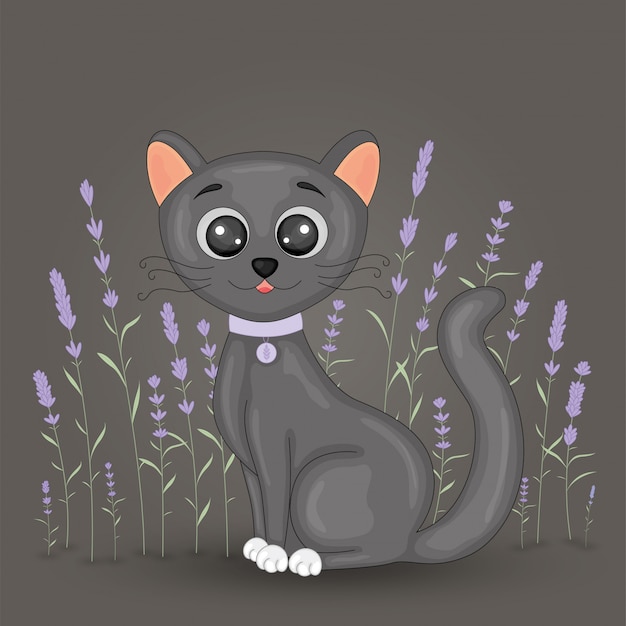 Gato negro de dibujos animados lindo sobre fondo floral lavanda. postal con gatito casero con patas negras y ojos grandes. ilustración infantil para libros.