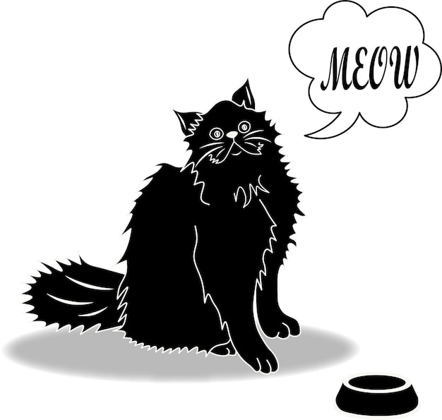 El gato negro dice Miau Linda ilustración vectorial dibujada a mano con frase manuscrita en burbuja