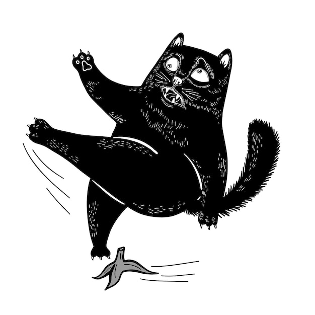 El gato negro divertido del vector resbaló en un plátano está volando ilustración plana