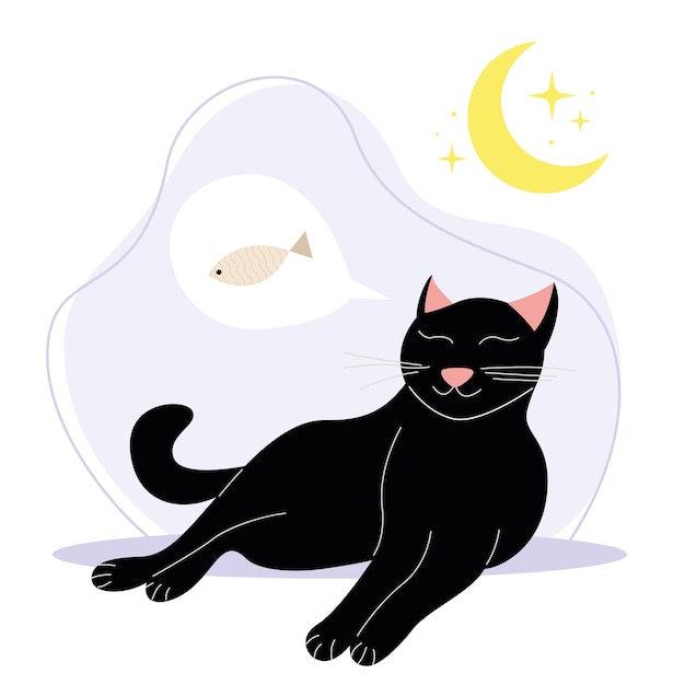 Un gato negro duerme sobre un fondo morado y sueña con un pez. ilustración vectorial