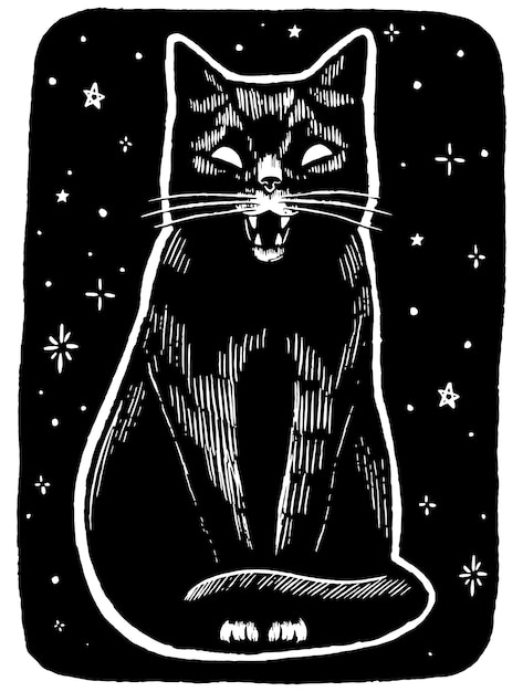 Gato negro enojado sobre un fondo de noche estrellada. Ilustración de vector dibujado a mano. Dibujo digital de animal. Imagen gráfica en estilo vintage para diseño de halloween, decoración.