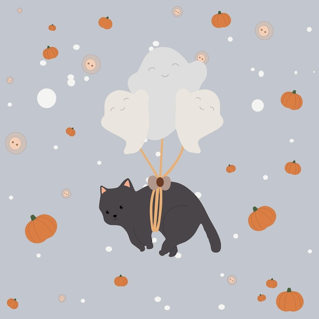 Un gato negro con fantasmas lindos. Afiche, pegatina, estampado para Halloween. Fondo con calabazas, botones