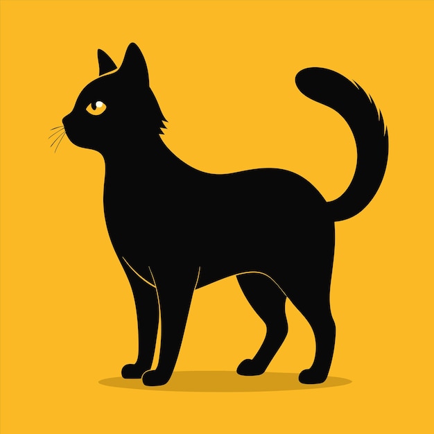 un gato negro con un fondo amarillo con una cola negra
