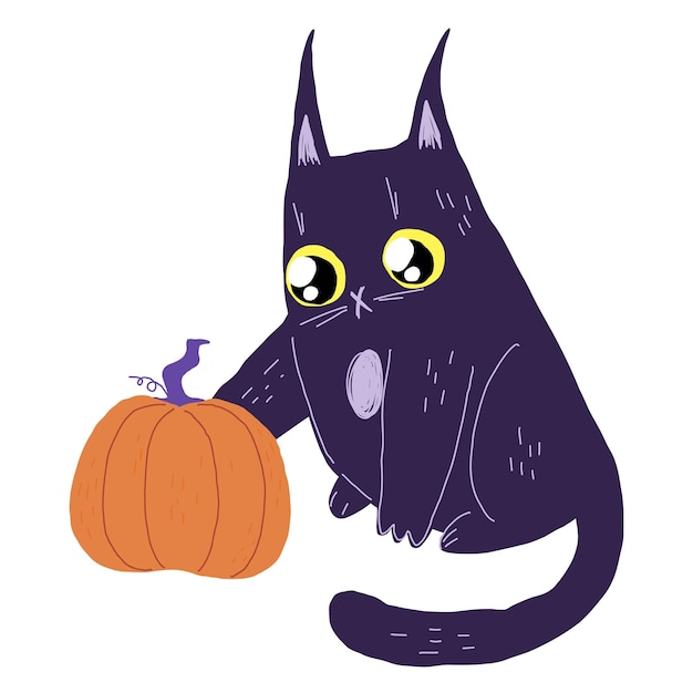 Gato negro de halloween y calabaza personaje de gato de dibujos animados octubre otoño gatito stock vector plano