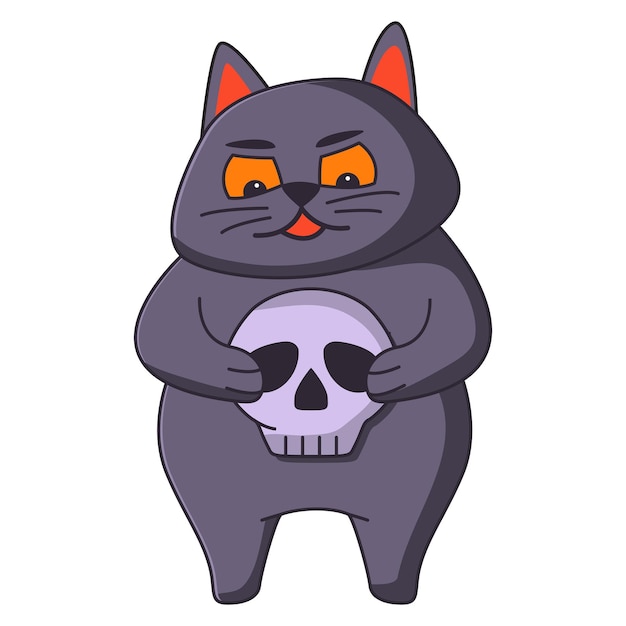 Vector gato negro de halloween con un cráneo en sus manos un gato asustado un gatito asustado