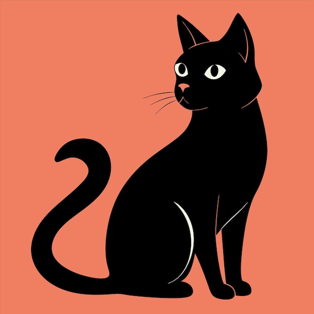 un gato negro con una larga cola se sienta en un fondo rosa