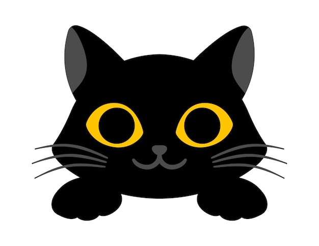 Gato negro lindo está sonriendo en fondo blanco gato encantador con grandes ojos amarillos concepto de lindo