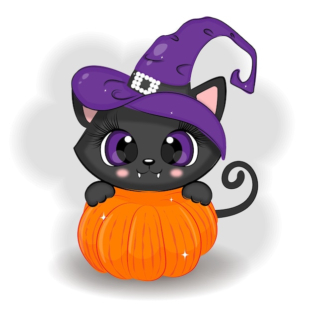 Gato negro lindo de halloween con una impresión de ilustración de vector de calabaza