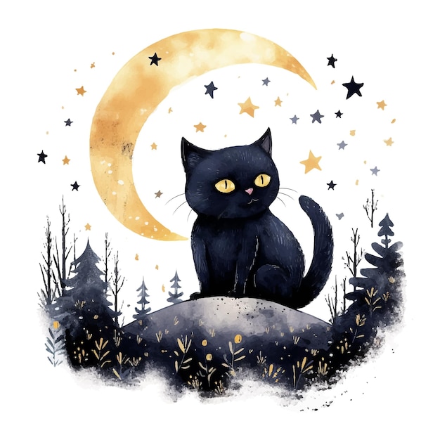 Un gato negro con luna y estrellas alrededor.