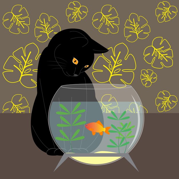 Vector un gato negro mira un pez dorado en un acuario lindo gato negro cerca del acuario ilustración vectorial