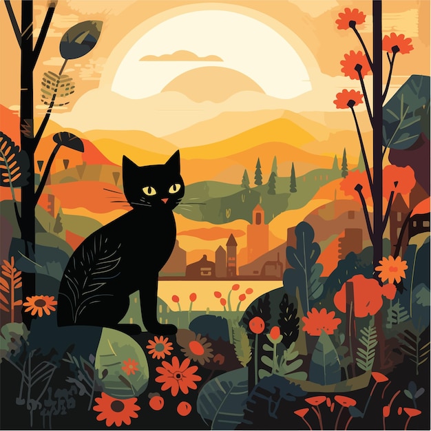 Vector gato negro mirando algo en la distancia durante el amanecer