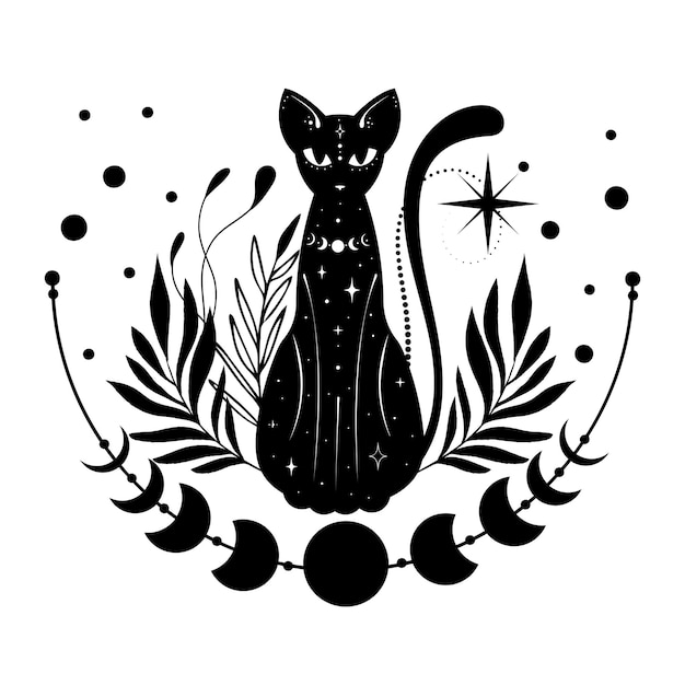 Vector gato negro místico luna sol hierba estrellas símbolos esotéricos tatuaje logo