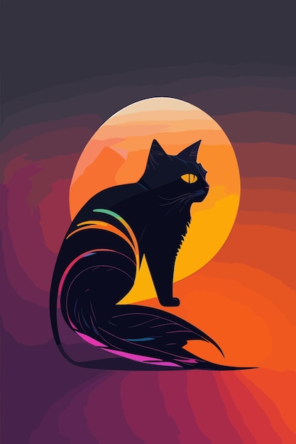 El gato negro con ojos amarillos se sienta frente a la luna llena.
