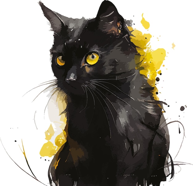 Vector gato negro con ojos azules, ojos verdes, gato negro con ojos amarillos, acuarela, vector, ilustración
