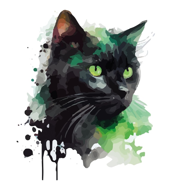 gato negro con ojos azules, verdes, morados, rojos, amarillos, acuarela, vector, ilustración