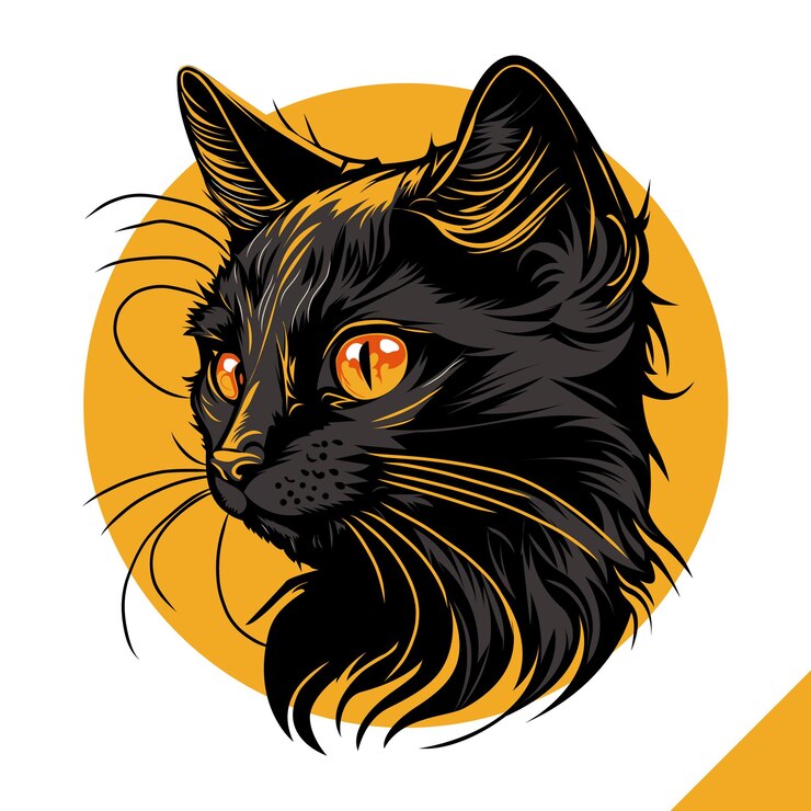 Un gato negro con ojos naranjas está sobre un fondo amarillo.