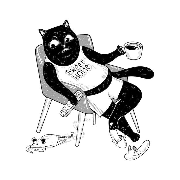 Gato negro sentado en casa con una taza de café Ratón divertido se arrastra debajo de la silla