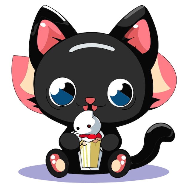 Vector gato negro sentado y comiendo helado dibujos animados lindos pegatinas de fondo blanco vector de espacio completo