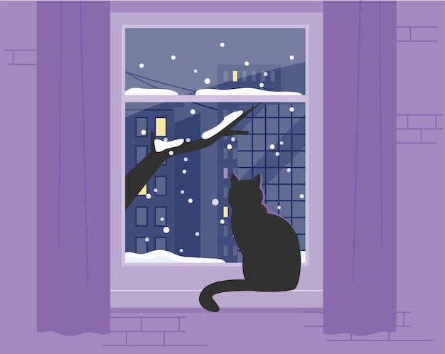 Vector un gato negro está sentado junto a la ventana y mira el paisaje nevado afuera.