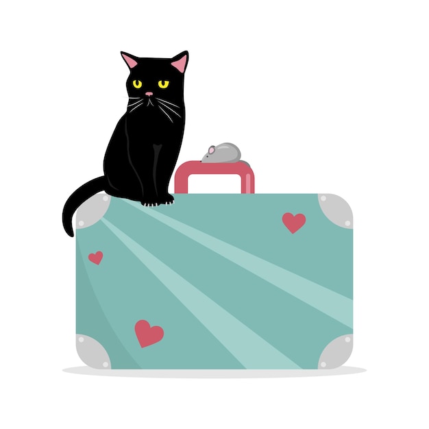 Un gato negro sentado en una maleta.