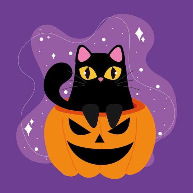 Gato negro sentado en un vector de calabaza