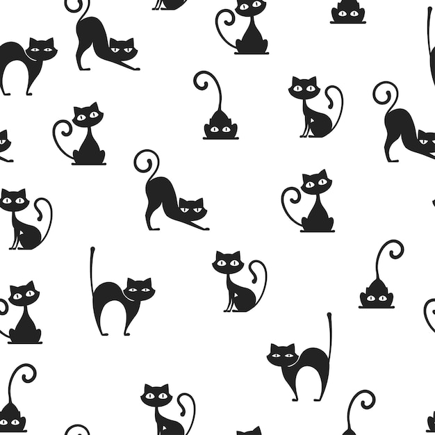 Gato negro silueta de patrones sin fisuras. Lindo gatito en diferentes poses textura de fondo. ilustración vectorial