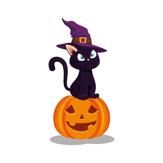 Gato negro con sombrero de bruja en calabaza halloween