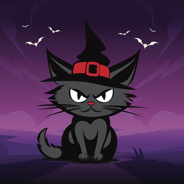 Un gato negro con sombrero de bruja en la noche de Halloween