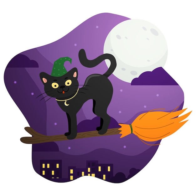 Vector un gato negro con sombrero en una escoba sobrevuela las casas de la ciudad en la noche de halloween.