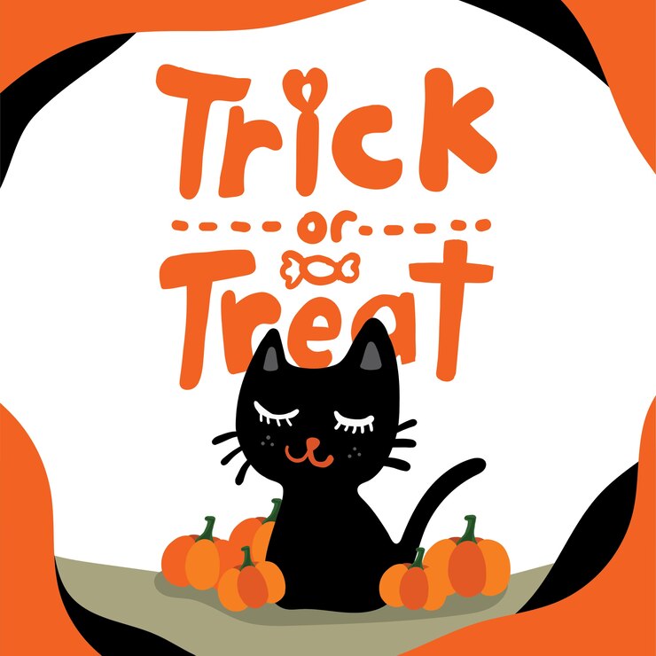 Gato negro sonriente sonriente y calabazas naranjas con “Trick-or-Treat”