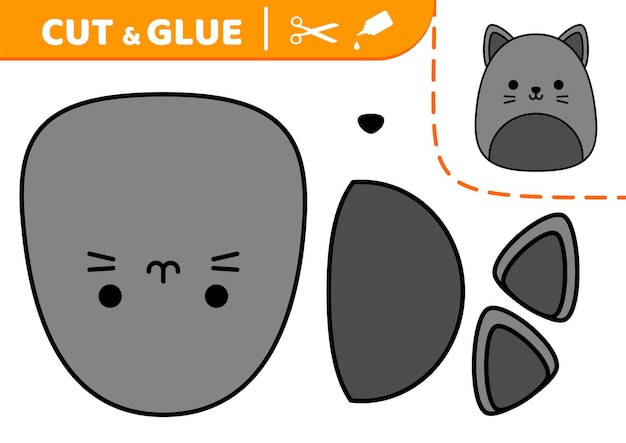 Gato negro Squishmallow Corte y pegamento Apliques Juego de papel Gato gatito Kawaii dibujos animados Ilustración vectorial aislada eps 10