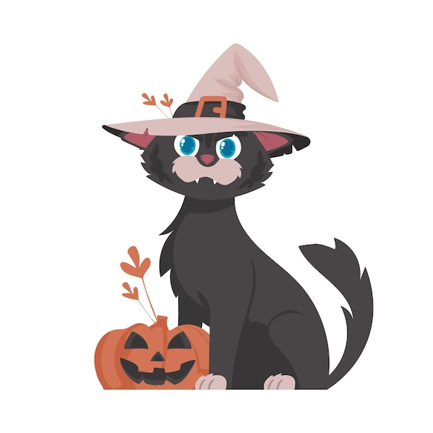 Un gato negro tonto con un sombrero de bruja se sienta en una calabaza. El tema de Halloween tiene que ver con las cosas aterradoras y espeluznantes que están conectadas con la ilustración vectorial del estilo de dibujos animados de Halloween.