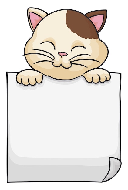 Gato con ojos cerrados y expresión linda y patas sobre un letrero de plantilla vacío sobre fondo blanco